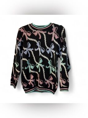 Vintage heartworks Black Bow-Pattern Knit Sweater with Pastel Accents